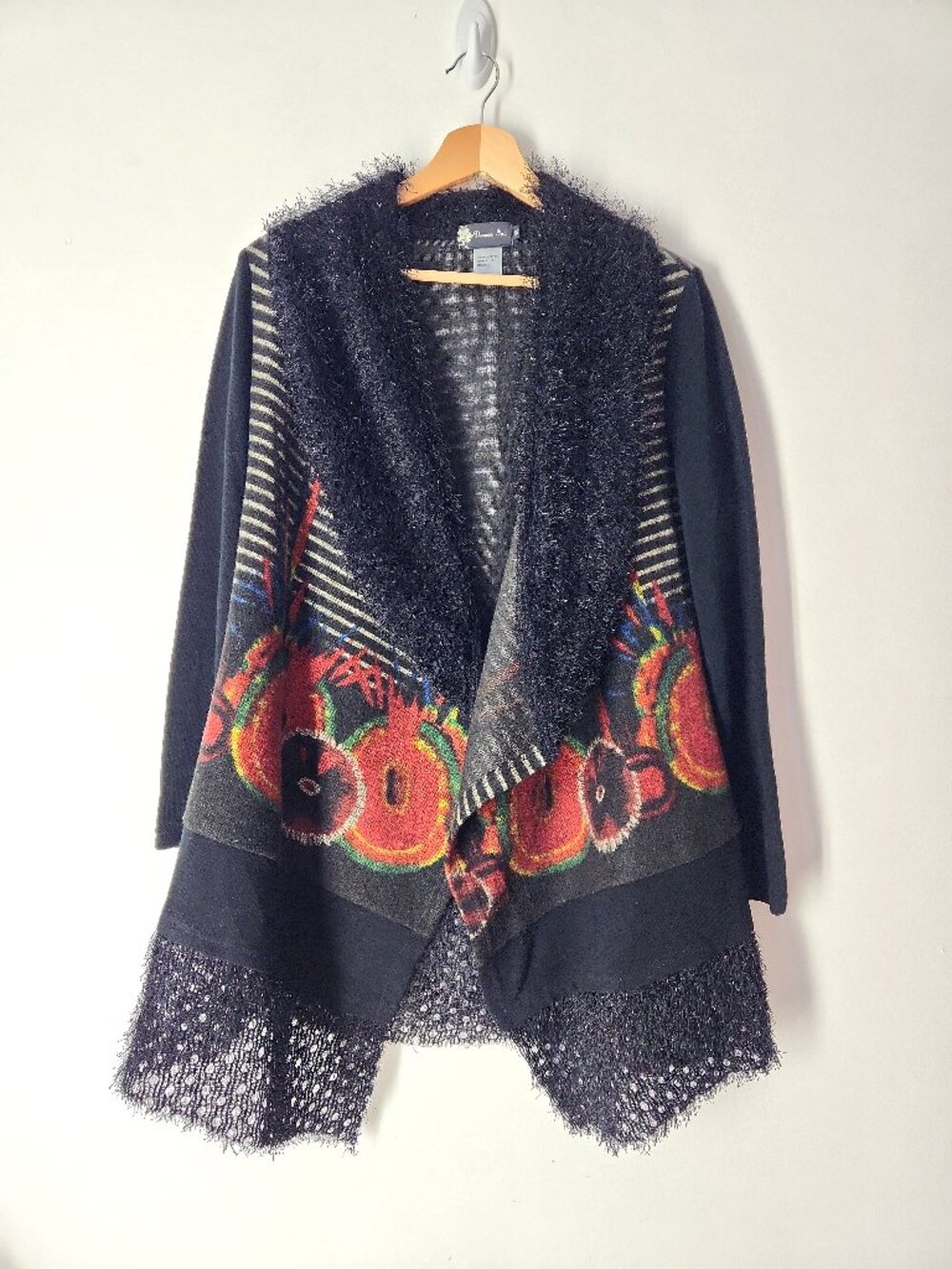 Damee cardigan sweater top mix textures fuzzy collar black abstract pomegranate
